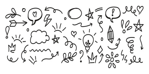  Line cute element set. Hand-drawn sketch doodle style arrow, cloud, star with marker stroke pencil highlight. Doodle sketch heart, star, cloud cartoon sticker shapes