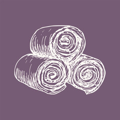 Hand-drawn illustration of rolled towels. Sketch drawing in engraving style, vector line art clipart, isolated