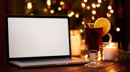 Christmas or winter mockup of blank laptop screen, empty display mockup in cozy atmosphere, AI generated