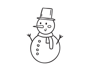 Snowman character line art clipart with hat and scarf, smiling friendly figure, single element, hand drawn.