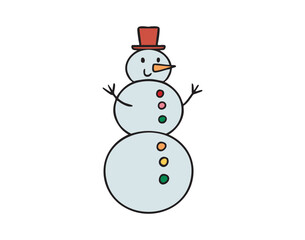 Smiling snowman in top hat with buttons clipart, friendly winter character, single element, hand drawn.