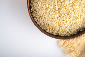 Breadcrumbs for breading in a bowl. Top view. Space for text