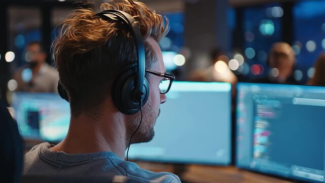 Focused: A focused individual in headphones immersed in a high-tech setting. The glow of screens illuminates his intent gaze. 