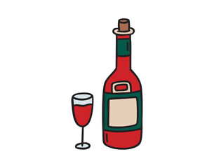Wine bottle and glass pair clipart with red wine, festive party set, single element, hand drawn.