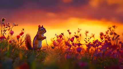 miniature wildlife photography Squirrel in blooming flowers at sunset. adorable small animals in nature peaceful nature wallpaper collection