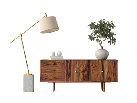 Modern sideboard, lamp, and bonsai