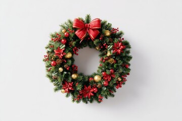 A vibrant wreath is adorned with red ribbons, shiny ornaments, and blooming flowers, showcasing a perfect decoration for holiday festivities. Its rich colors enhance the cheerful atmosphere