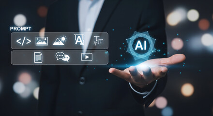 Futuristic ai technology interface with glowing digital icons and a hand reaching out