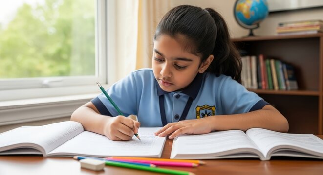 Young Indian pupil doing homework at table &mdash; showcasing discipline, curiosity, and progress