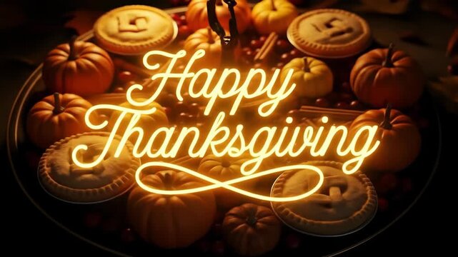 Happy thanksgiving neon text pumpkins pies berries