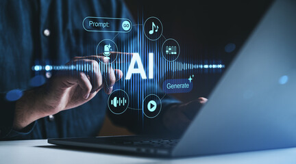 Man interacts with AI interface for music and content generation on digital screen using laptop, representing modern tech and assistive innovation concept.