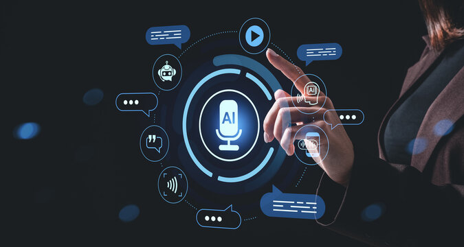 Woman interacting with AI virtual assistant hologram interface with futuristic tech icons on dark background, representing voice recognition concept..