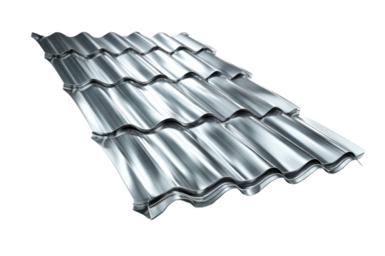 Shiny, new, gray metal roof tiles in a repeating pattern