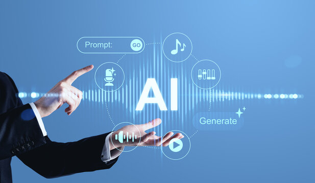 AI-powered music generation concept with futuristic interface icons and soundwave graphics on a digital blue tech background illustrating assistive technology.