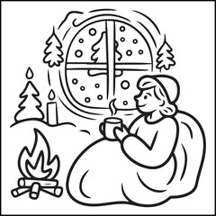 Cozy girl season black and white coloring pages with Christmas, fall, autumn, and winter elements for adults and teens.