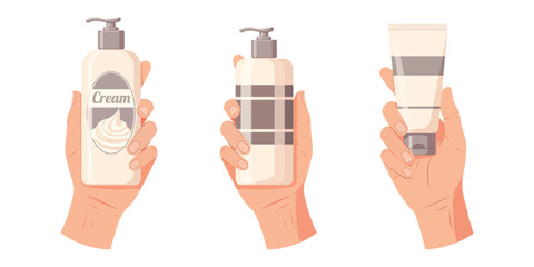 Hands present luxurious cosmetic cream containers for skincare and beauty routines. flat vector illustration