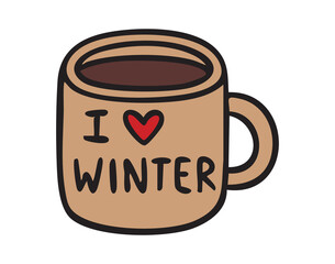 Beige mug with quote I love winter and heart clipart, cozy coffee or tea cup, single element, hand drawn.