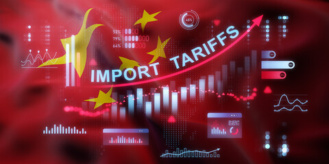 Import tariffs economic concept with digital holographic graphs and China flag elements on red background illustrating trade and financial data. 3D Rendering