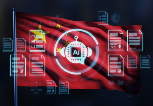 Chinese flag with artificial intelligence chip and legal document icons in double exposure concept of AI regulation and governance in technology field. 3D Rendering