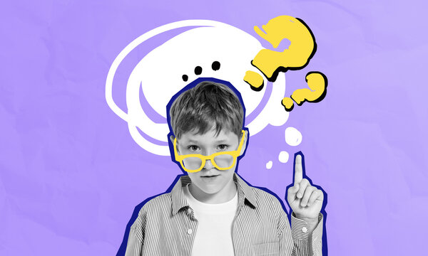 Surprised child boy in yellow glasses pointing finger up with qu - Powered by Adobe