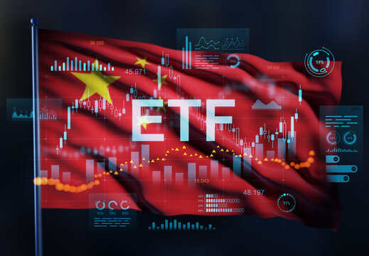 Chinese flag with ETF text and financial data overlays representing investment and market analysis concept through double exposure technique. 3D Rendering