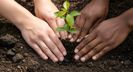 Diverse hands planting a young tree seedling
