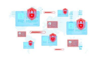 Cybersecurity concept with red padlocks and digital ID cards floating over world map background representing data protection and access control sketch. 3D Rendering