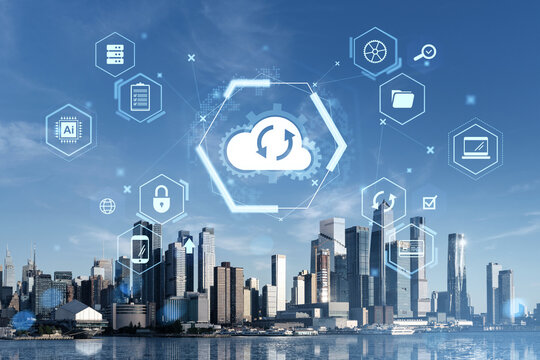 Cloud computing and data backup service icons over New York cityscape with digital technology concept and futuristic transparent interface overlay.