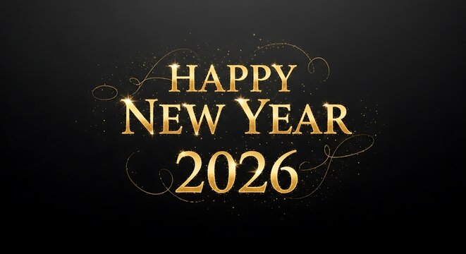 Elegant golden Happy New Year 2026 message with shimmering sparkles on black background