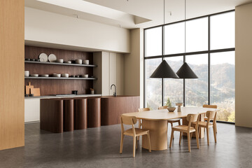 Modern minimalist kitchen and dining room interior with wooden furniture and panoramic window showcasing scenic mountain background view. 3D Rendering