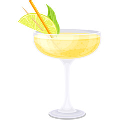 Yellow Tropical Cocktail Drink with Lime Garnish and Green Leaves Served in Elegant Glassware on Transparent Background