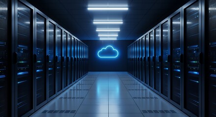 Obraz premium Modern data center corridor with illuminated cloud computing symbol, futuristic server racks, blue LED lighting, digital network infrastructure, and secure cloud storage technology