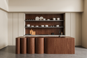 Plakat Modern minimal kitchen interior with sculptural wood island, open shelves and ceramic dishes on neutral background. 3D Rendering. 3D Rendering