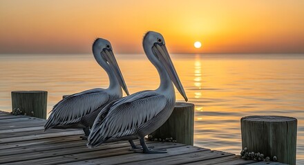 Pelicans on a Dock at Sunset A Serene Coastal Scene