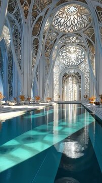 Elegant Architectural Oasis:  A serene indoor swimming pool glistens in a palatial setting, bathed in natural light filtering through intricate architectural details, exuding opulence.