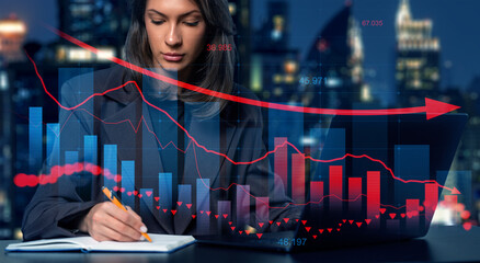 Businesswoman analyzing forex candlestick market data on laptop