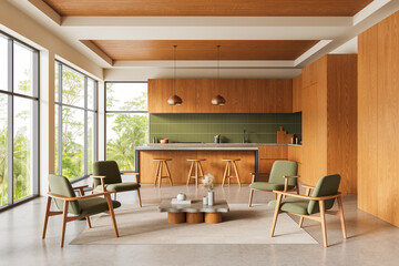 Modern interior design of open kitchen and lounge space with wooden finishes, olive chairs, and natural light in tropical setting. 3D Rendering © ImageFlow