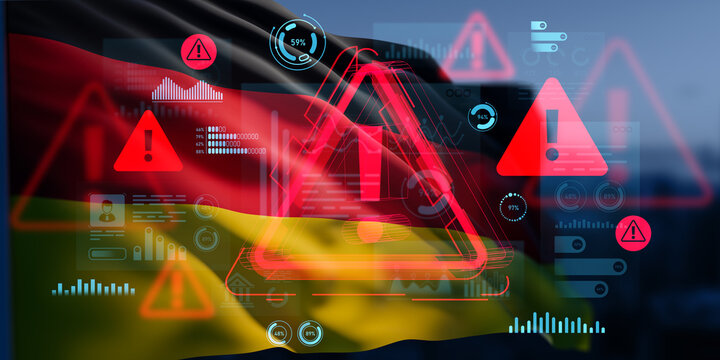 Germany cyber threat warning concept with digital alert symbols and data charts on national flag background in futuristic hologram interface style. 3D Rendering