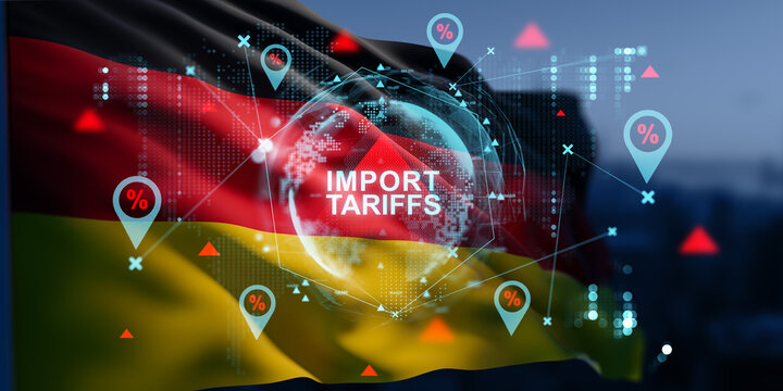 Import tariffs concept with holographic digital globe and Germany flag in background showing percentage icons and trade indicators in AR style. 3D Rendering - Powered by Adobe