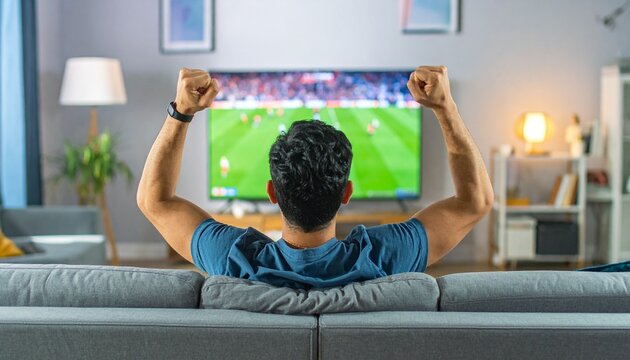 Man Watching TV and Cheering. Excited Sports Fan Celebrating Goal at Home