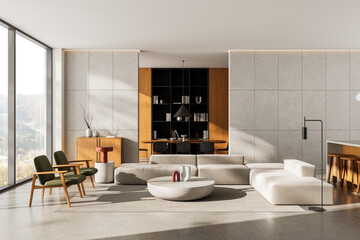 Modern interior living room with minimalist design and natural lighting, featuring cozy furniture and clean architecture in warm neutral tones. 3D Rendering
