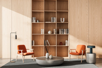 Modern interior design with wooden bookshelf, minimalist furniture, and orange chairs in cozy reading corner with natural light and concrete accents. 3D Rendering