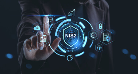 Futuristic cybersecurity concept with NIS2 hologram interface and digital protection icons on dark...