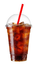 Iced cola in fogged disposable plastic cup with straw and cap isolated on white background