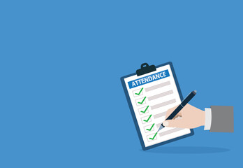 Attendance clipboard with checklist. Questionnaire, survey, clipboard, task list. Flat design,
