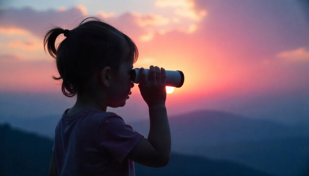 Woman Observing Sunset with Binoculars Against Colorful Sky Mountain Landscape Discovery
