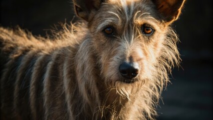 A close-up of a scruffy dog with intense eyes, showcasing its unique fur texture and expression against a dark background.