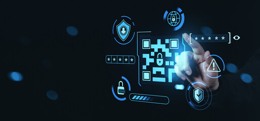 Futuristic QR code interface with digital password and security icons on dark blue background showing cybersecurity and data protection technology concept.