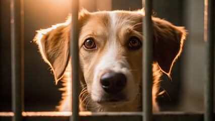 A sad dog looks through bars, evoking emotions of longing and hope in a dimly lit setting.