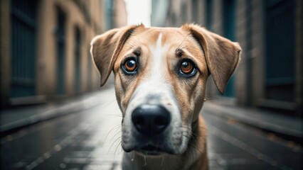 A close-up of a dog with soulful eyes, set against a blurred urban background, conveying emotion and curiosity.